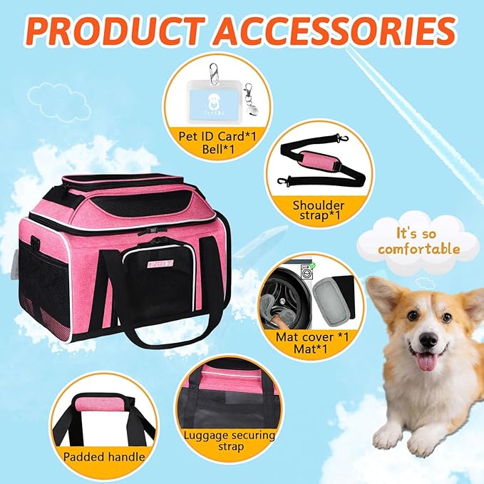 Petskd Top-Expandable Pet Carrier 18x13x9.5 Inches Southwest Allegiant Airline Approved, Soft-Sided Carrier for Small Cats and Dogs with Locking Safety Zippers and Anti-Scratch Mesh(Pink)