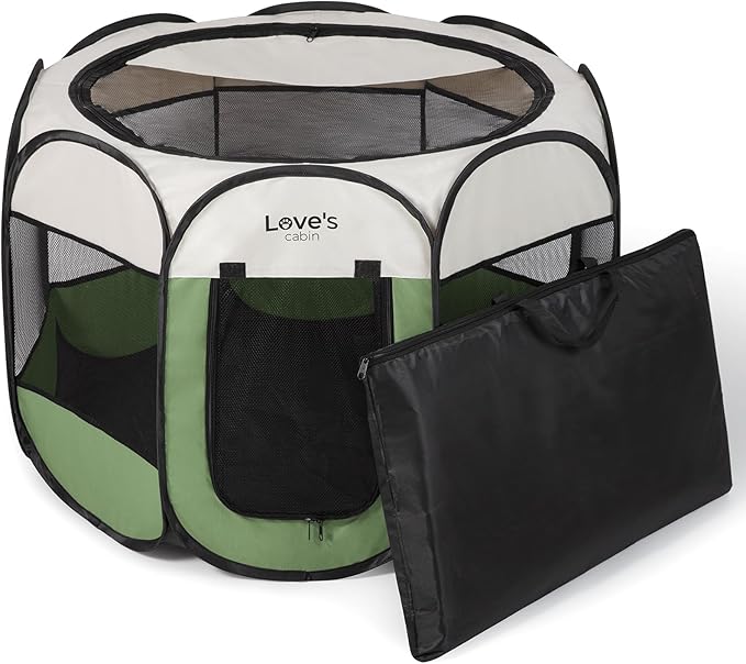 Love's cabin Pet Puppy Dog Playpen, Large Dog Tent Crates Cage Indoor/Outdoor, Portable Playpen for Cat, Foldable Pop Up Dog Kennel Playpen with Carring Case, Removable Zipper Top, Olive Green