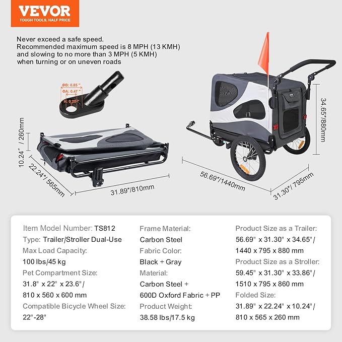 VEVOR Dog Bike Trailer, Supports up to 66/88/100 lbs, 2-in-1 Pet Stroller Cart Bicycle Carrier, Easy Folding Cart Frame with Quick Release Wheels, Universal Bicycle Coupler, Reflectors, Flag