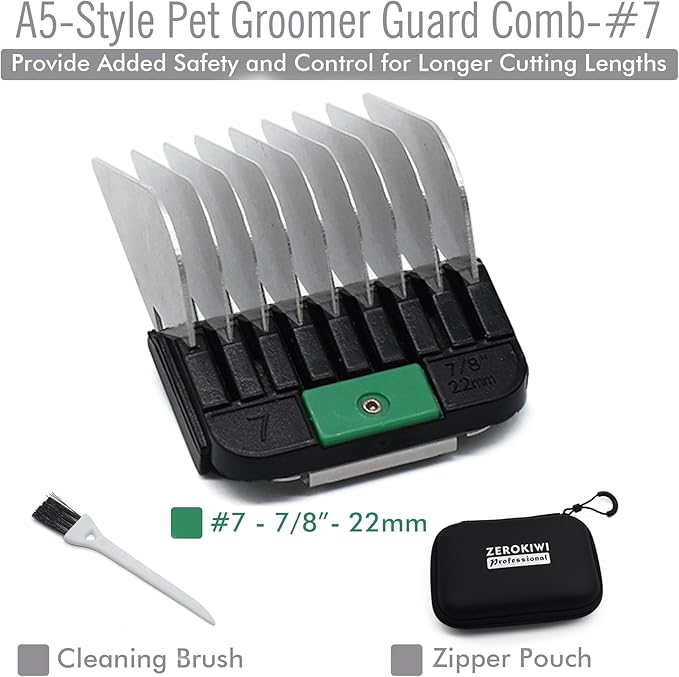 Professional A5 Style Animal Clipper Stainless Steel Color-Coded Snap-on Attachment Guard Guide Comb, 1/8"-1" Compatible with Wahl KM Series Oster A5 Andis Detachable Blade Pet Groomers (#7 - 7/8")