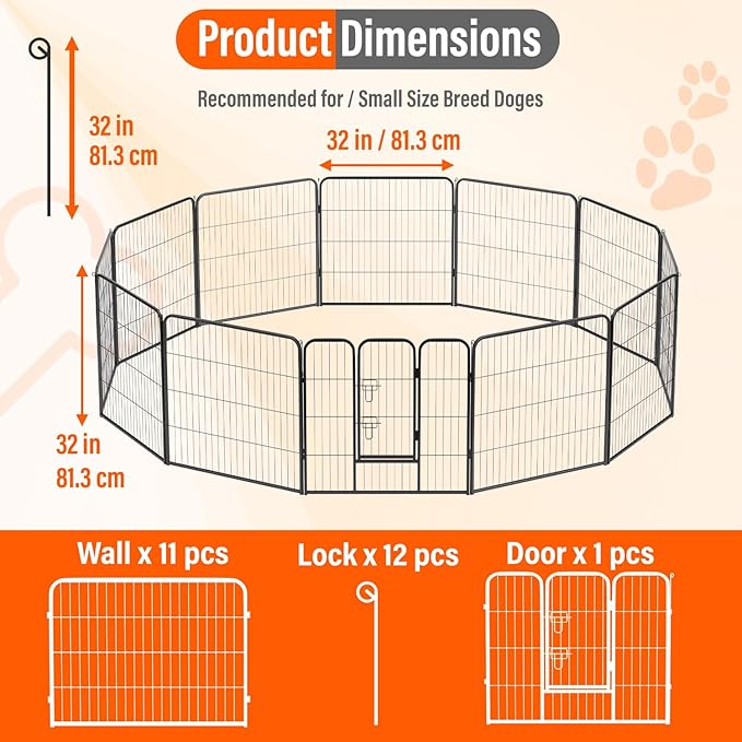 FDW Dog Playpen Kennel - 12 Panels, 32 Inch Height, Indoor/Outdoor Folding Metal Portable Puppy Exercise Pen, Heavy Duty Dog Fence for Yard, Camping - Black
