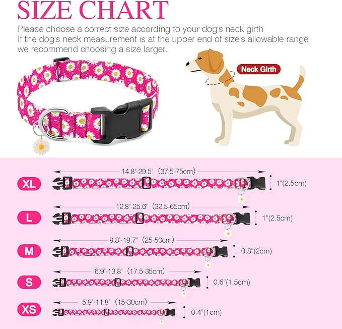 BiPawTi Floral Dog Collars for Large Dog - Soft Cute Dog Collars for Girls Dog Pretty Flower Collar with Daisies Charms, Gift for Female Male Boys Girls Dogs (L, Pink)