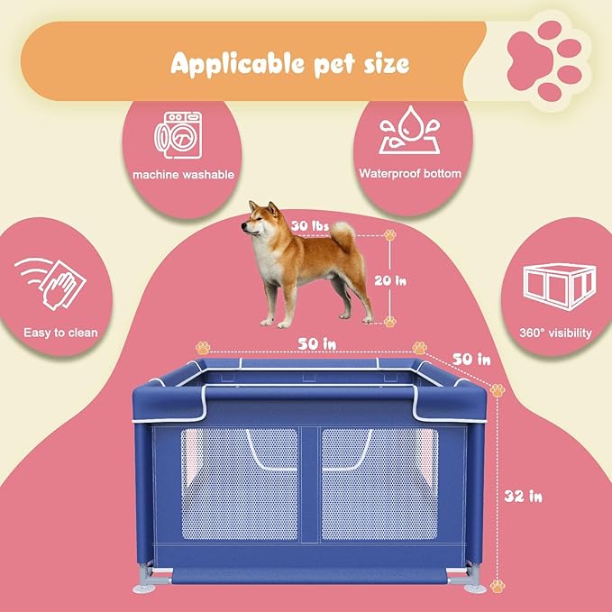 Puppy PlayPen 50 × 50 Inch, Dog Playpen with Gate for Puppies, Small and Medium Dogs, Pet PlayPen for Outdoors & Indoors, Tear Resistant Fabric