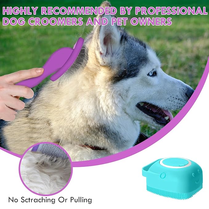 Long Pin Dog Slicker Brush for Long Haired Dogs, Removes Loose Hair, Tangles and Knots, Professional Pet Grooming Kit, Purple