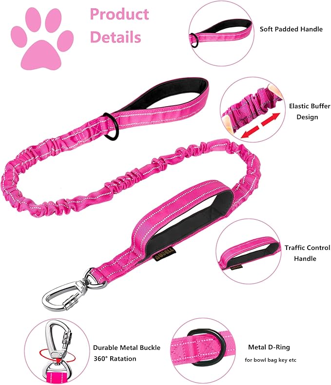 AUBELL Tactical Dog Collar and Leash Set, Adjustable Military Nylon Reflective Dog Leash and Collar with Handle and Heavy Metal Buckle for Medium Large Dogs, with Airtag Holder and 2 Patches(Pink, M)