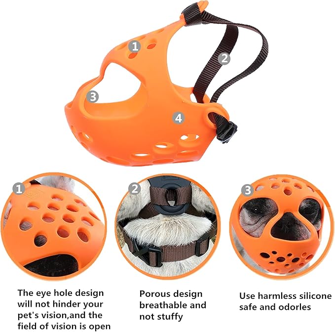 Short Snout Dog Muzzles,Soft Silicone Adjustable Breathable Bulldog Muzzle for Biting Chewing Barking Training,Ideal for Flat-Faced Dogs (M, Orange)