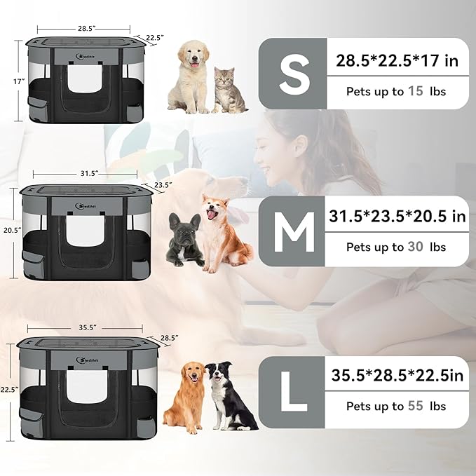 Dog Cat Playpen28/31/35in, Pet Puppy Portable Pens for Outdoor Travel Crate, Indoor After Surgery Use, Foldable Dog Kennel Tent for Rabbit or Small Animals and Tent Stakes (Dark Grey, Lagre)