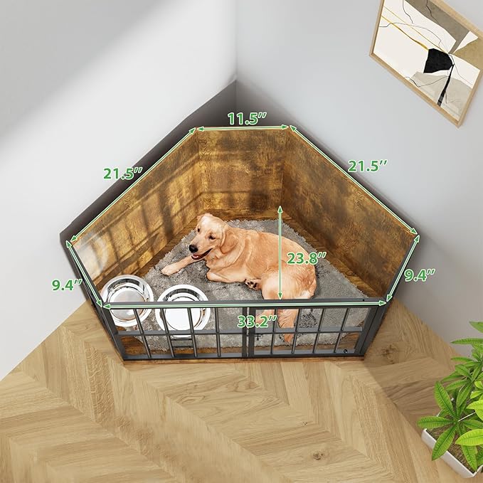 Medium Dog Crate Furniture, 42โ Heavy Duty Corner Dog Crate with 2 Stainless Steel Bowls, Dog Kennel Furniture Style House, Wooden Decorative Pet House End Side Table, Chew-Resistant, Rustic