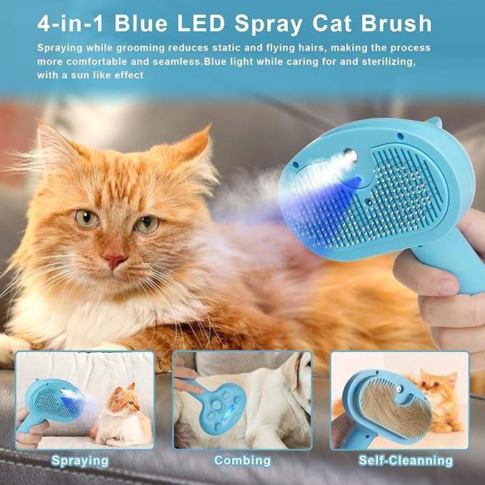 Pet Steam Hair Comb Brush for Shedding, 4 In 1 Spray Brush for Long & Short Haired Cat&Dog, Self-Cleaning Hair Remover with Water Tank And LED Blue Light, Release Button(Blue)