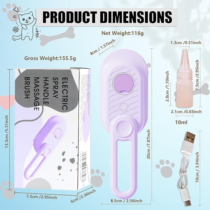 Steam Brush for Cats Dog Fur Misting Brush Rabbit Brush for Shedding Grooming with Charging Cable and Collapsible Handle ALD-002-P (Purple)