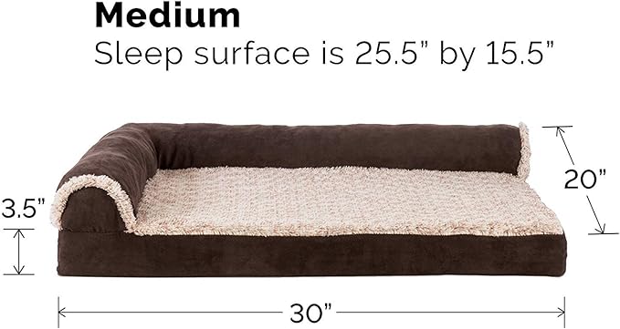 Furhaven Orthopedic Dog Bed for Medium/Small Dogs w/ Removable Bolsters & Washable Cover, For Dogs Up to 35 lbs - Two-Tone Plush Faux Fur & Suede L Shaped Chaise - Espresso, Medium,30"L x 20"W x 6"Th