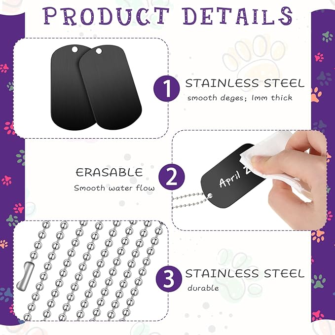 Therwen 62 Pieces Military Dog Tags for Kids Set Including 30 Aluminum Blank Dog Tag 30 Ball Stainless Steel Beaded Necklaces and 2 Erasable Markers for DIY Crafts(Black)
