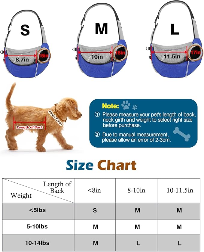 Pawaboo Dog Sling Carrier, Dog Papoose with Zipper Touch Pocket, Hand Free Breathable Mesh Puppy Carrier, Crossbody Satchel Dog Purse with Adjustable Strap for Outdoor Travel, Blue, Large