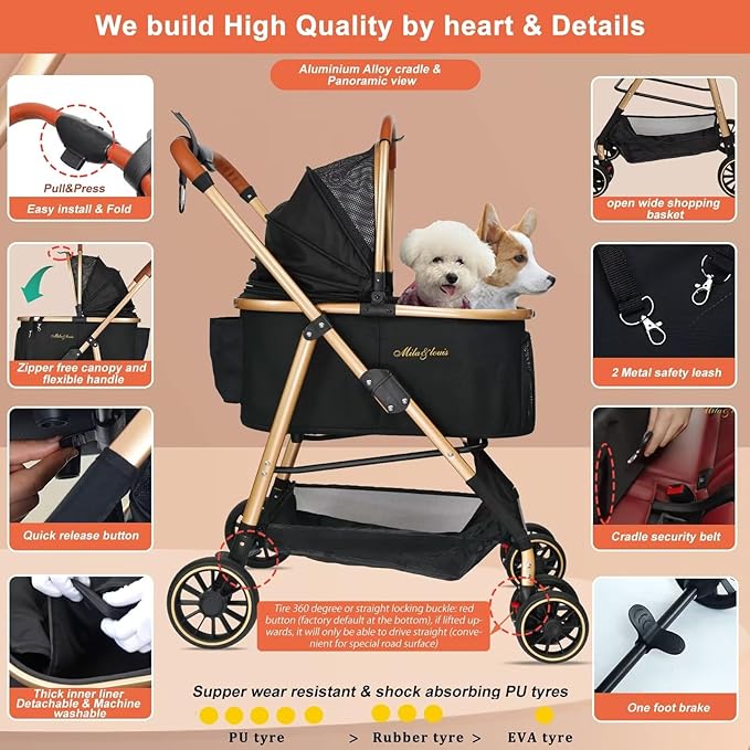 MILA&LOUIS Dog Stroller for Medium Dogs, Lightweigh Pet Stroller for Small Dogs with 4 Upgraded Wheel, Dog Strollers with Cup Holder, Hook, Fashion Gold Puppy Stroller with Detachable Aluminum Cradle