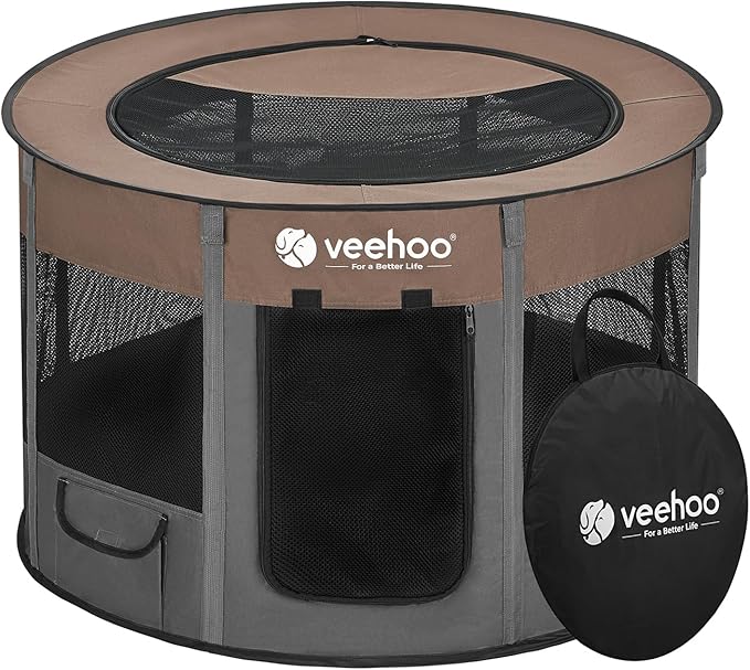 Veehoo Portable Puppy Playpen, Pet Kitten Playpen for Indoor Portable PopUp Dog Kennel Foldable Playpen Outdoor Tent Crate with Carrying Case for Kitten Puppy Small Animal,Coffee 35.8"Lx35.8"Wx22.8"Th