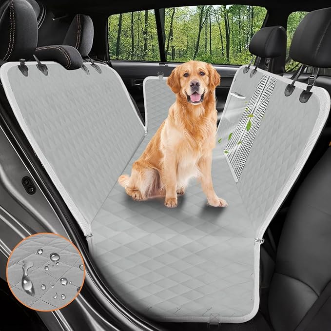 Dog Car Seat Cover, 600D Heavy Durable Dog Seat Cover for Back Seat, 100% Waterproof Scratch Proof Nonslip Dog Hammock for Car with Side Flap, Pet Back Seat Covers for Cars with SeatBelt Gray