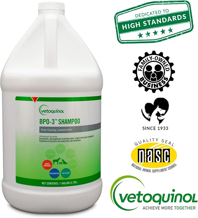 Vetoquinol BPO-3 Shampoo for Dogs, Cats & Horses (3% Benzoyl Peroxide) – 128oz – Deep Cleaning, Medicated Shampoo Opens & Flushes Hair Follicles – Degreases Oily Coats – Soothes Red, Flaky, Itchy Skin