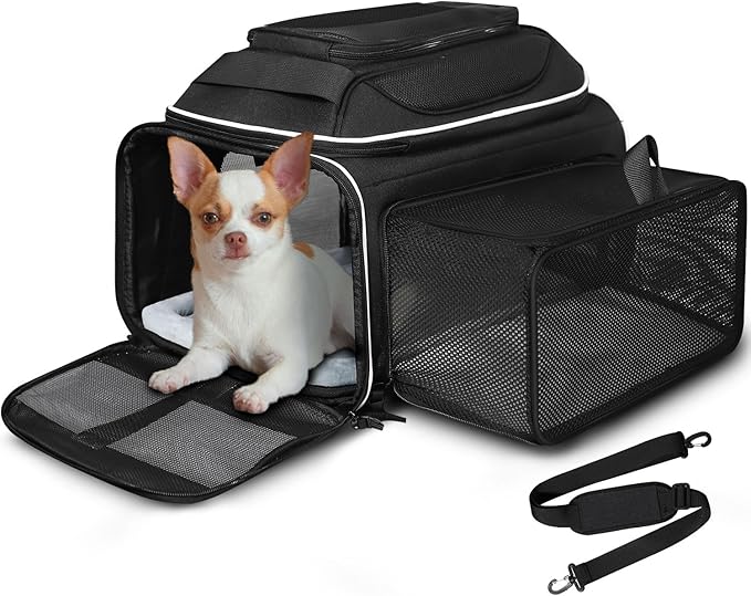 Petskd Top and Side Expandable Pet Carrier 18x13x9.5 Inches Southwest Allegiant Airline Approved, Soft-Sided Carrier for Small Cats and Dogs with Locking Safety Zippers and Anti-Scratch Mesh(Black)