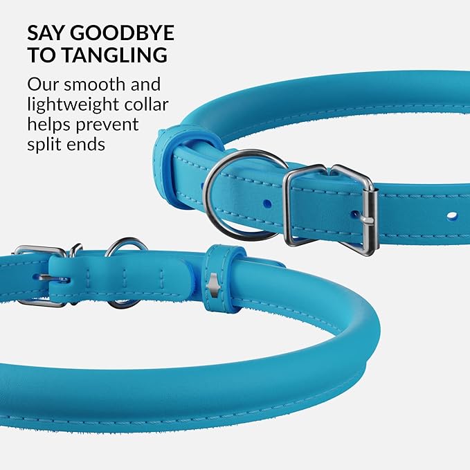 CollarDirect Rolled Leather Dog Collar, Soft Padded Round Puppy Collar, Handmade Genuine Leather Collar Dog Small Large Cat Collars 13 Colors (15-19 Inch, Light Blue Smooth)