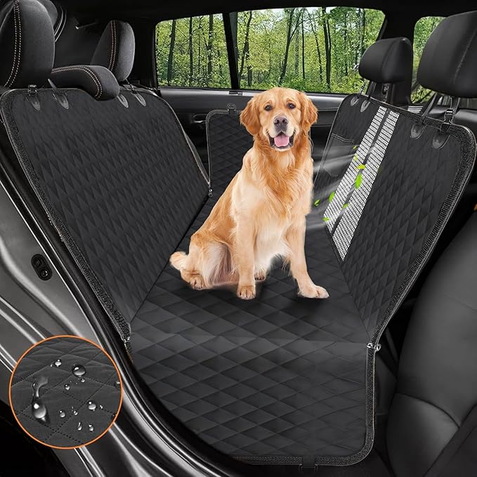 Dog Car Seat Cover, 600D Heavy Durable Dog Seat Cover for Back Seat, 100% Waterproof Scratch Proof Nonslip Dog Hammock for Car with Side Flap, Pet Back Seat Covers for Car with Seatbelt Black