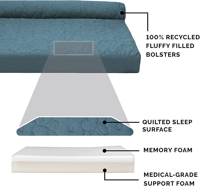 Furhaven Memory Foam Dog Bed for Large Dogs w/ Removable Bolsters & Washable Cover, For Dogs Up to 95 lbs - Pinsonic Quilted Paw L Shaped Chaise - Bluestone, Jumbo/XL