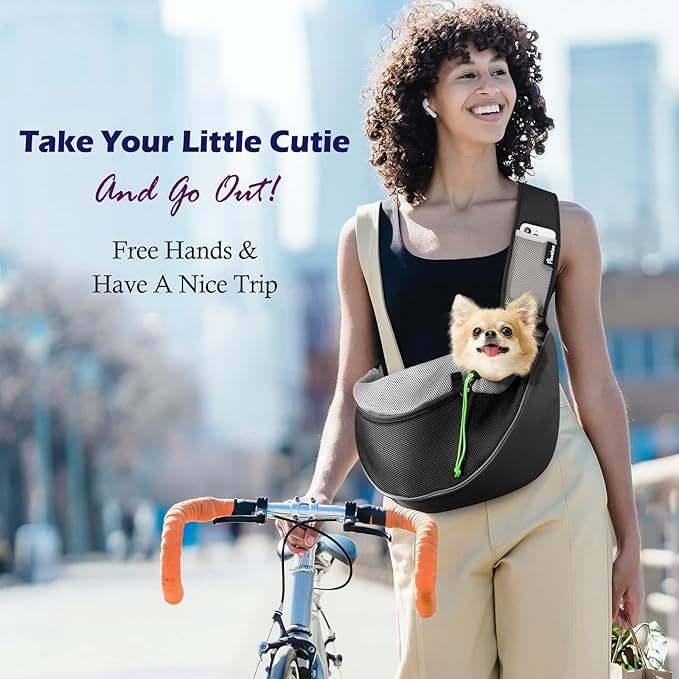 Pawaboo Pet Dog Sling Carrier, Hand Free Drawstring Dog Papoose with Adjustable Strap, Breathable Mesh Bag for Puppy Cat, Crossbody Satchel Dog Purse with Pocket for Outdoor Travel, Black, Medium