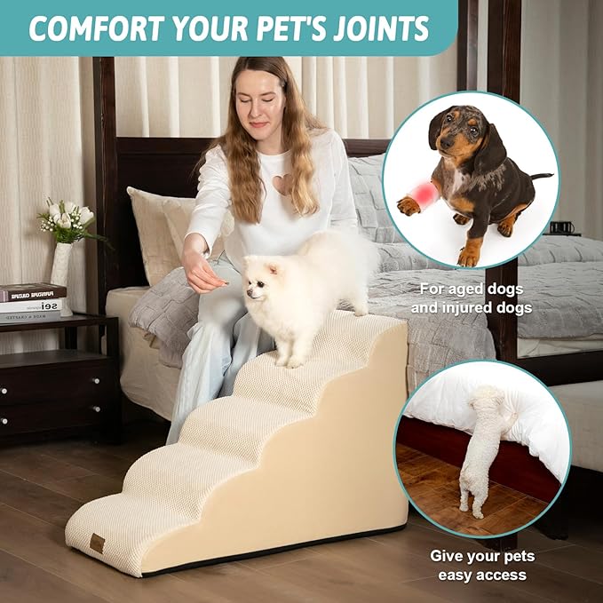 Dog Stairs for High Bed 22.6" H, Small Pet Steps with Leakproof Cover, High Density Foam Cat Ramp for Bed, Car or Couch, Lightweight, Durable, Comfort, 15.7x33x22.6 inch, 5 Tiers, Beige