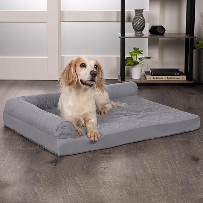 Furhaven Memory Foam Dog Bed for Large/Medium Dogs w/ Removable Bolsters & Washable Cover, For Dogs Up to 55 lbs - Pinsonic Quilted Paw L Shaped Chaise - Titanium, Large