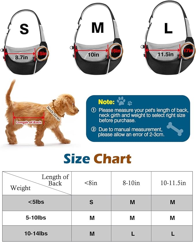 Pawaboo Dog Sling Carrier, Dog Papoose with Zipper Touch Pocket, Hand Free Breathable Mesh Puppy Carrier, Crossbody Satchel Dog Purse with Adjustable Strap for Outdoor Travel, Black, Small