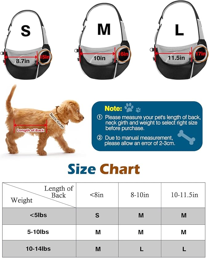 Pawaboo Dog Sling Carrier, Dog Papoose with Zipper Touch Pocket, Hand Free Breathable Mesh Puppy Carrier, Crossbody Satchel Dog Purse with Adjustable Strap for Outdoor Travel, Black, Medium
