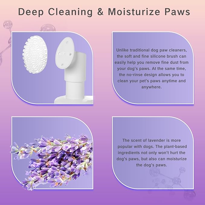 Clean Paws Foaming Cleanser for Dogs and Cats (6.8 oz) | No-Rinse Dandelion Lavender Paw Brush and Scrubber (1pcs)