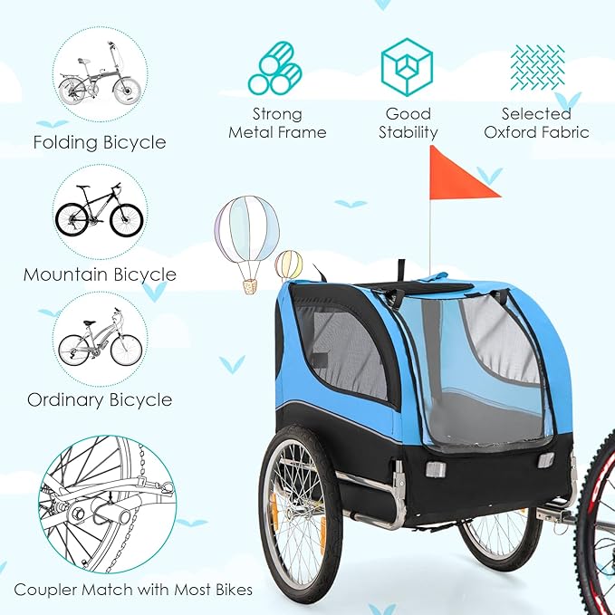 PETSITE Dog Bike Trailer, Dog Cart for Bicycle with 3 Breathable Mesh Entrances, Safety Flage, Easy Folding Pet Carrier with Quick Release Wheels, Pet Bike Trailer for Small & Medium Sized Dogs