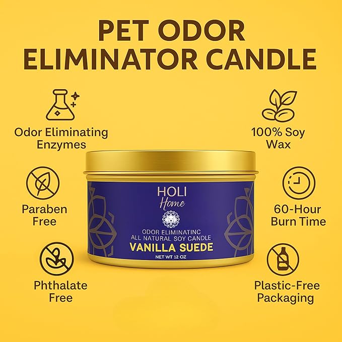 HOLI Pet Odor Eliminator Candle – Vanilla Suede Scent – All Natural Soy Wax, Paraben & Phthalate Free, Pet Safe, Long-Lasting 30-Hour Burn, Non-Toxic & Plastic-Free Air Freshener for Home