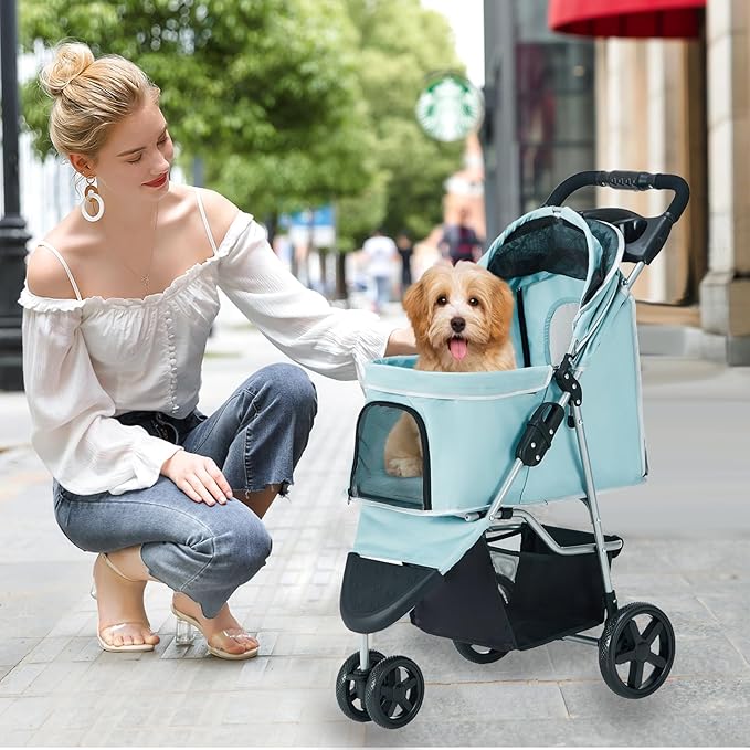 Pet Stroller for Medium Small Dogs and Cats, Folding Puppy Stroller Dog Cat Cage Jogger Stroller with Cup Holder and Storage Basket, 3 Wheels, Light Blue