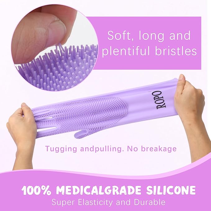 ROPO silicone gloves for pet grooming, multi-functional gloves for pet hair shedding, bathing, and massage (Purple)