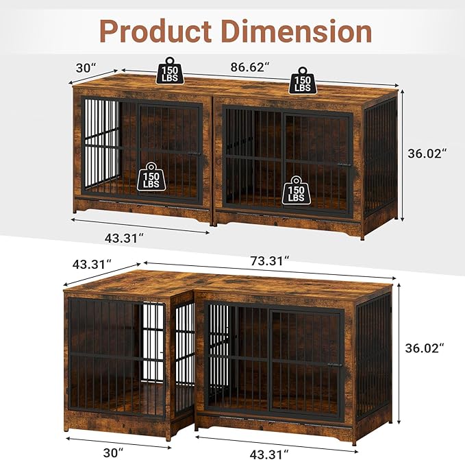 86 Inch Double Dog Crate Furniture with Divider, 4 Combination Forms Large Dog Kennel Furniture for 2 Dogs, Rustic Brown Corner Dog Kennel for Small Medium Large Dogs