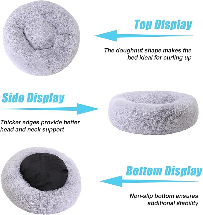 HYQ Small Dog Bed, Pet Beds for Small Dogs, Cat Beds for Indoor Cats, Fluffy Faux Fur Plush Small Dog Bed, Washable Puppy Bed with Anti-Slip Bottom, Dog Bed Small Size Dog (Light Gray, 24 Inch)