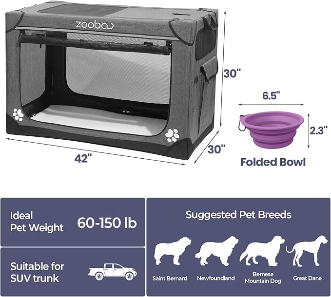 42" Portable Soft Dog Crate for Large Dogs - Collapsible Travel Kennel with Carry Bag, Foldable Cage with Durable Textilene Mesh Door, Plush Bed - Ideal for Home or Travel - Charcoal Gray