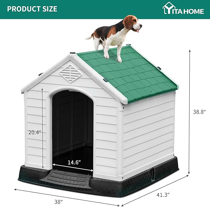 YITAHOME 41'' Large Plastic Dog House Outdoor Indoor Doghouse Puppy Shelter Water Resistant Easy Assembly Sturdy Dog Kennel with Air Vents and Elevated Floor (41''L*38''W*39''H, Green)