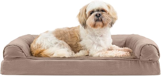 Furhaven Orthopedic Dog Bed for Medium/Small Dogs w/ Removable Bolsters & Washable Cover, For Dogs Up to 35 lbs - Plush & Suede Sofa - Almondine, Medium