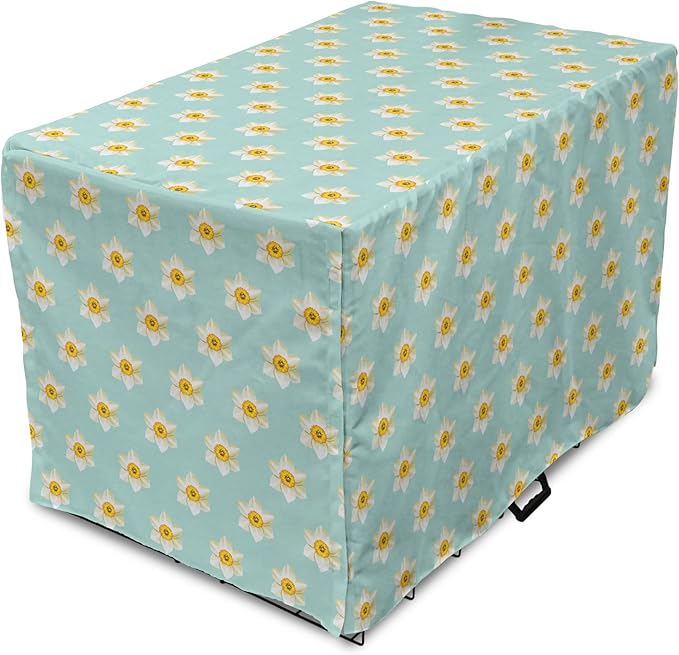 Lunarable Daffodil Dog Crate Cover, Pastel Nature Pattern with Spring Field Theme Narcissus Flower Heads, Easy to Use Pet Kennel Cover for Medium Large Dogs, 36 Inch, Seafoam Cream Yellow