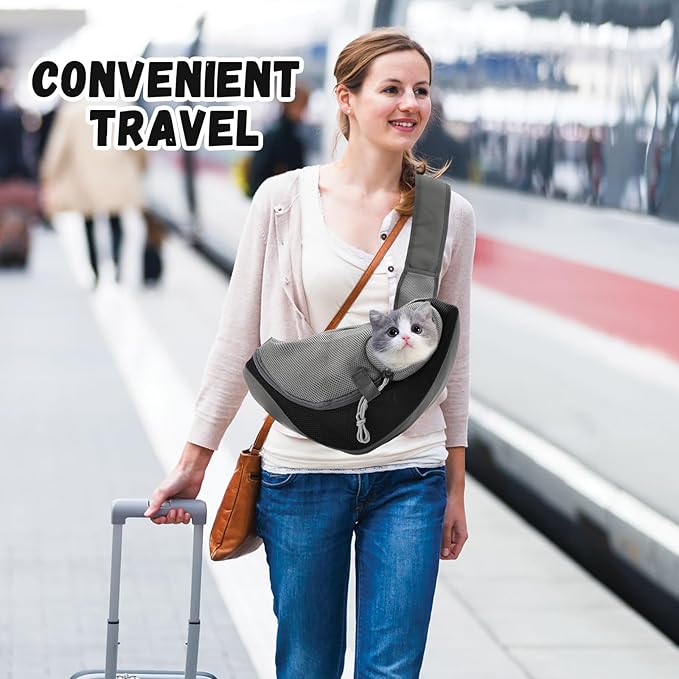 Small Dog Sling Carrier, Mesh Adjustable Pet Sling Carrier Zipper Pocket Breathable Hand Free for Small Medium Dogs Cats Outdoor Travel (up to 5 pounds)