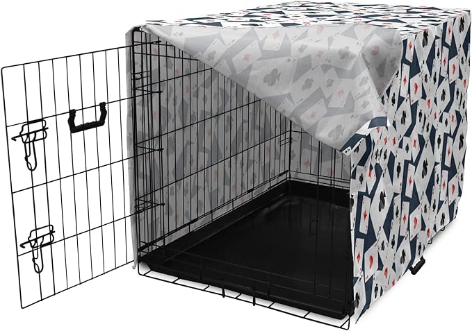Lunarable Casino Dog Crate Cover, Realistic Style Random Scattered Playing Cards Leisure Time Hobby Games, Easy to Use Pet Kennel Cover for Small Dogs Puppies Kittens, 18 Inch, Cadet Blue Black Red
