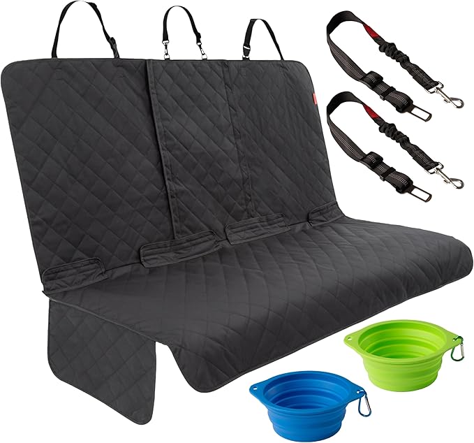 Lusso Gear Dog Car Seat Cover for Back Seat - Non-Slip Black Cover Stays Securely, Fits Your Car, Truck, & SUV, Pack with Leash/Bowl - Waterproof Dog Seat Cover for Back Seat
