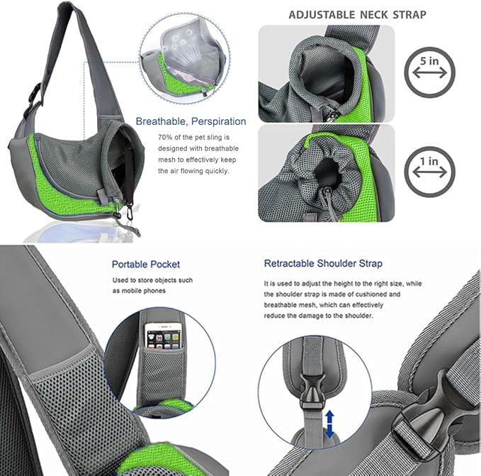 Pet Dog Sling Carrier,Cat and Dog Travel Portable Diagonal Straddle Shoulder Bag,Breathable mesh pet Sling Shoulder Bag,with Adjustable Non-Slip Shoulder Strap Below 10lb for Small Dogs Cats (Green)