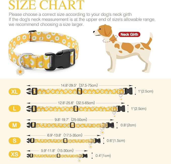 BiPawTi Dog Collars - Cute Flower Collar for Small Dog with Daisies Charms, Pretty Floral Dogs Collar for Female Dogs Puppy Girls Boys Pet (S, Yellow)