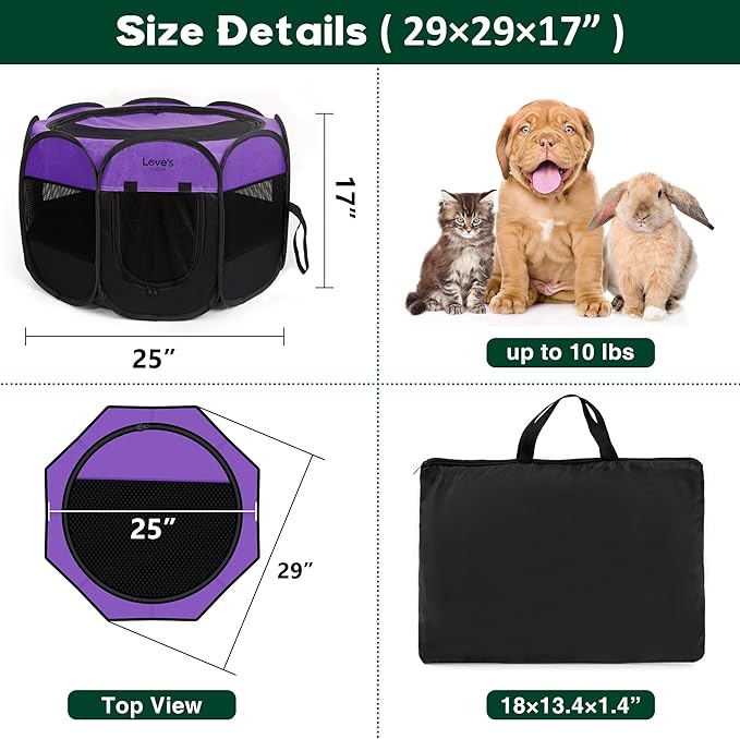 Love's Cabin Pet Puppy Playpen, Small Dog Tent Crate, Portable Foldable Dog Kennel with Carrying Case, Removable Zipper Top, Purple