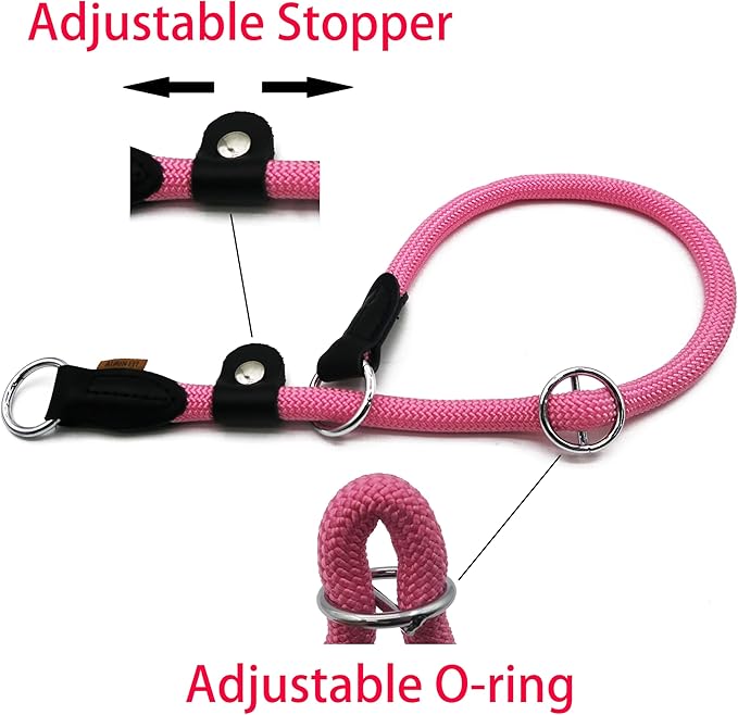 Braided Rope Collar, Training Dog Collar, Round Martingale Collar, Slip Collar with Adjustable Stopper and Slidable Stop Ring - Ideal for Extra Large Dogs (XL(1/2") - 24" Long, Pink)