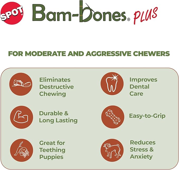 SPOT Bam-bones PLUS Branch -Bamboo Fiber & Nylon, Durable Long Lasting Dog Chew for Aggressive Chewers – Great Toy for Adult Dogs & Teething Puppies under 60lbs, Non-Splintering, 5.75in, Beef Flavor