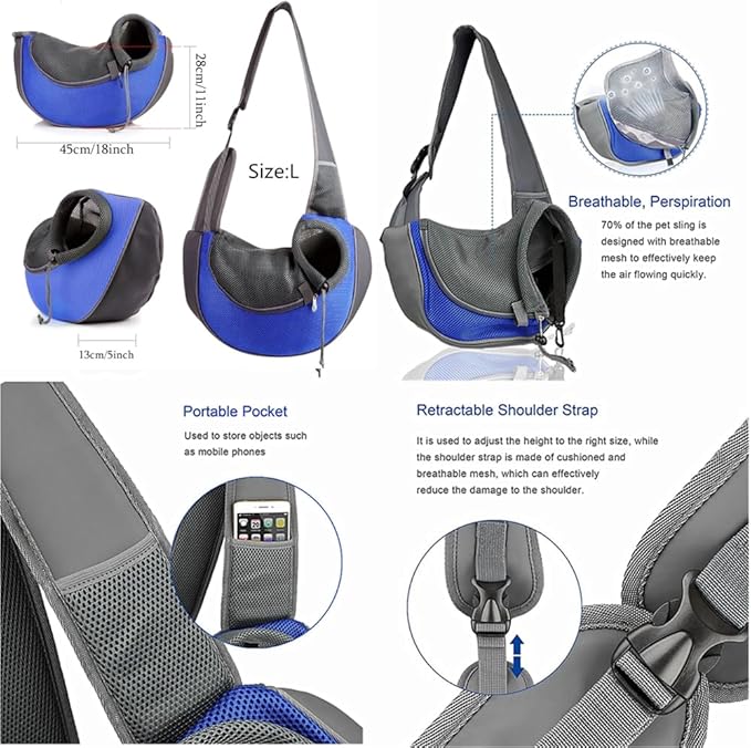 Pet Dog Sling Carrier,Cat and Dog Travel Portable Diagonal Straddle Shoulder Bag,Breathable mesh pet Sling Shoulder Bag,with Adjustable Non-Slip Shoulder Strap Below 10lb for Small Dogs Cats (Blue)